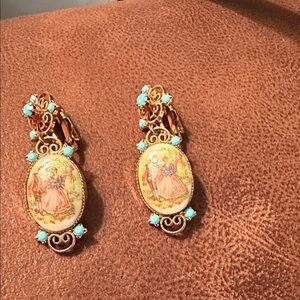 Gold-Tone Cameo Drop Earrings with Turquoise Accents